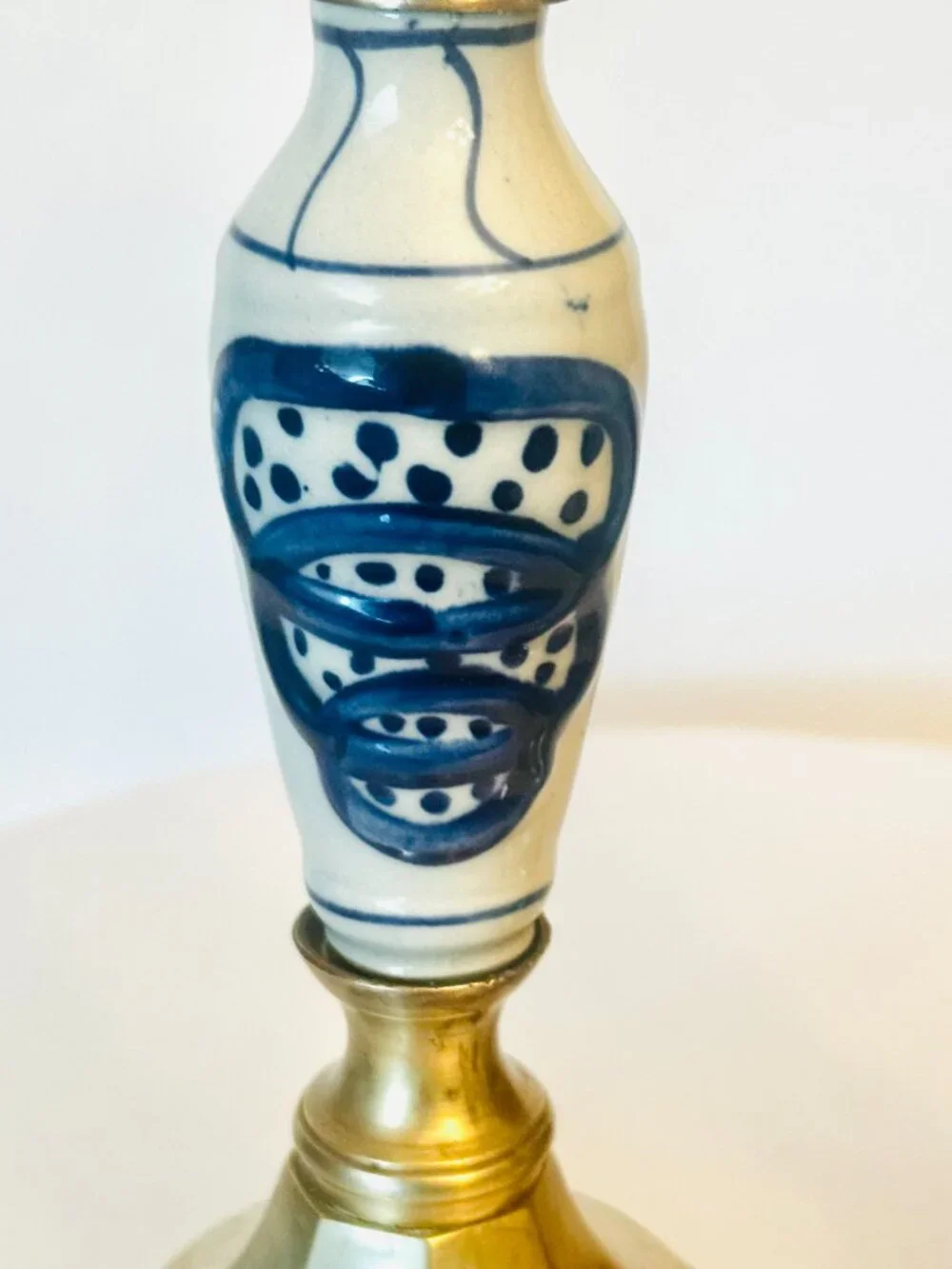 Pair Delft Vtg Blue White Ceramic Brass 9